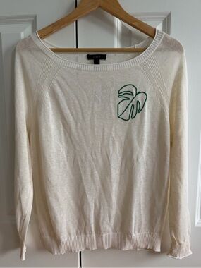 J. Crew Cream Linen Blend Sweater with Green Leaf Stitch size XS